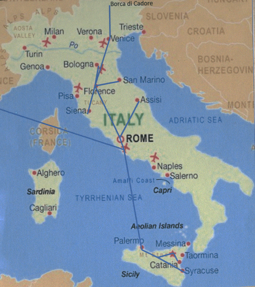 Our Trip Map: We fly from JFK, New York to Rome, Italy to Palermo, Italy to Rome, Italy. We took the train from Rome to Florence, then to Venice. We took day trips from each place we stayed.